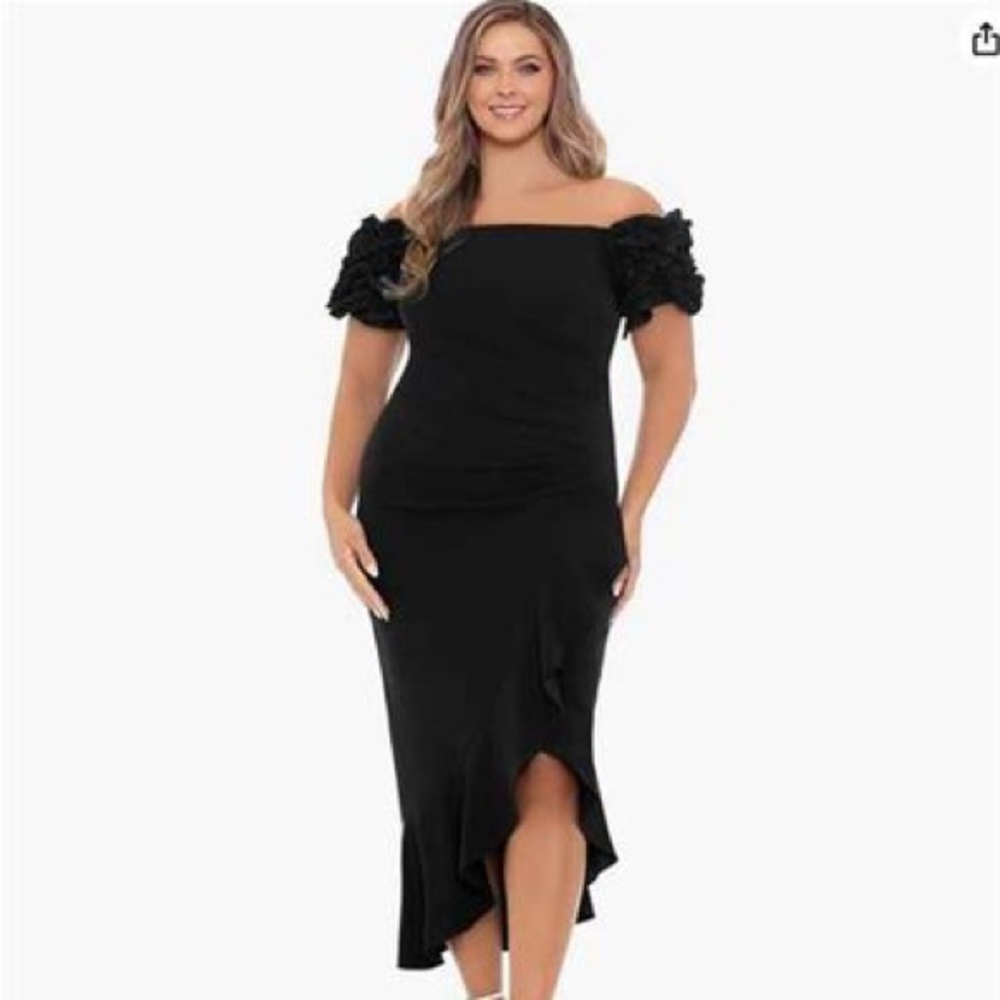 XSCAPE Dress Gorgeous! Black Off Shoulder Deep Ruffle Back Ruching Zip NWT 16W